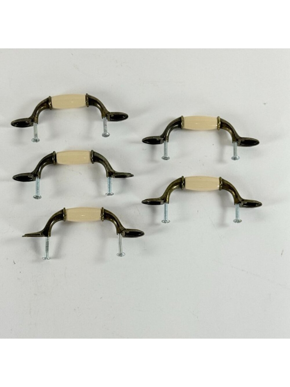 Vintage Lot og 5 Amerock FI-3866 Brass Ceramic Cabinet Drawer Pulls Almond